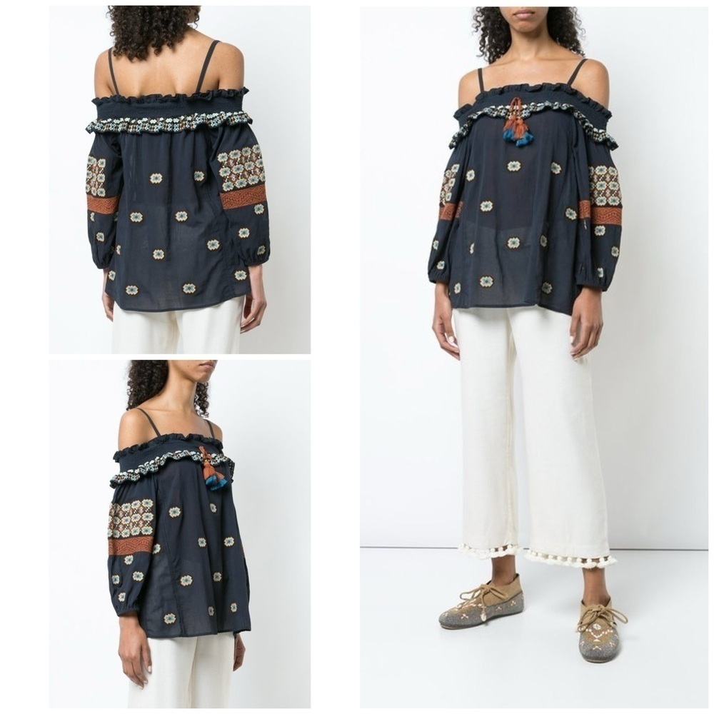 NWT Figue Helena Tassel Embroidered Peasant Boho Navy Blue Blouse L